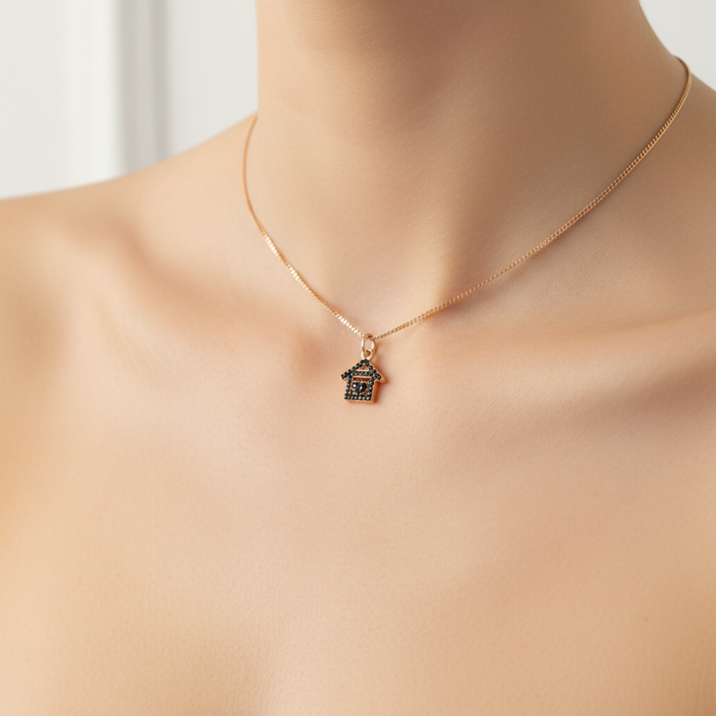 Collana catena grumette rosé cm35 con casetta con cuore di zirconi da 1 cm - Lumiere Bijoux