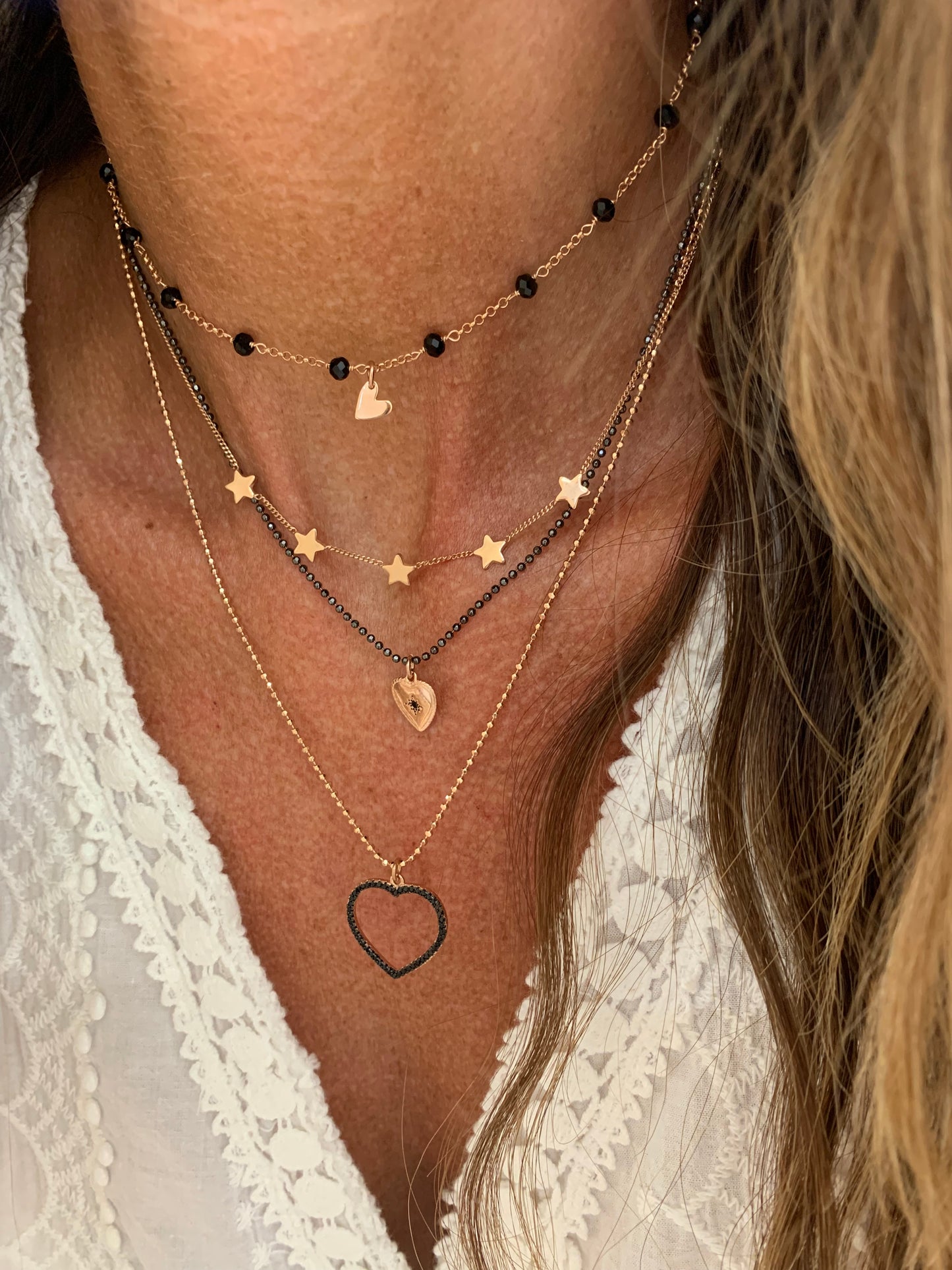 Collana choker catena rollò alternata da cristalli neri cm35 con micro sweet rosé da 0,5 mm - Lumiere Bijoux