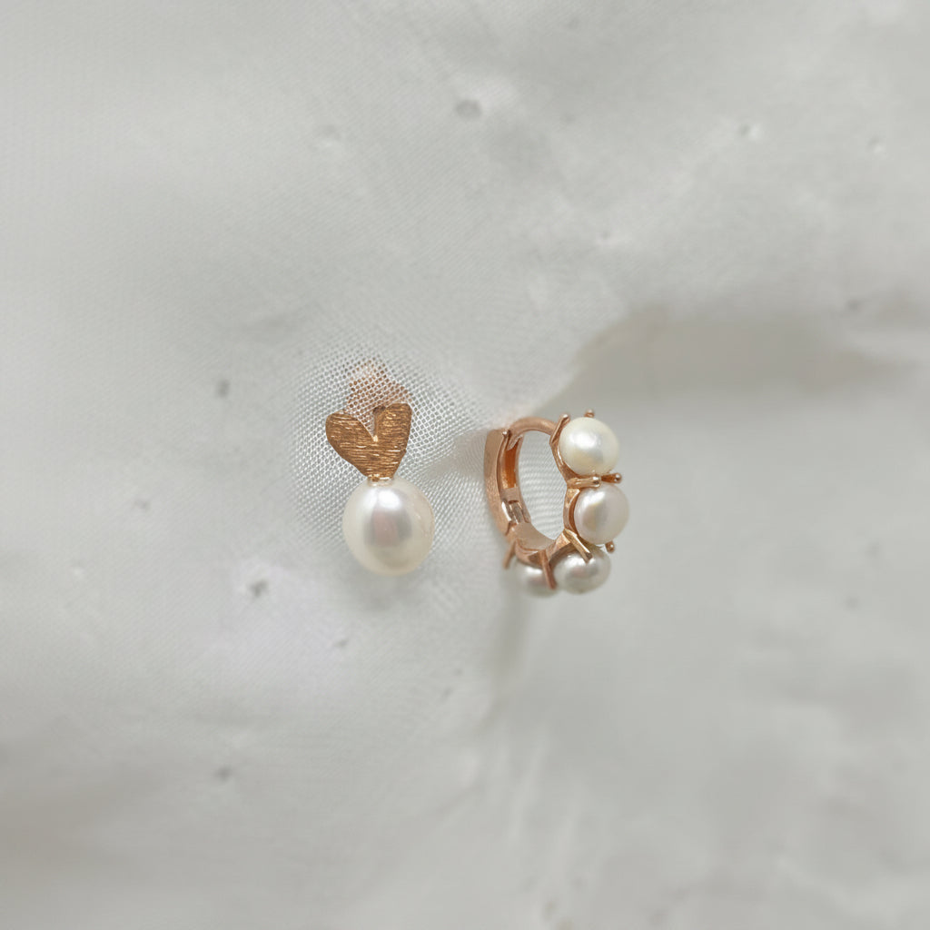 Coppia cuore satinato perla a lobo e cerchietto di perle - pezzi unici - Lumiere Bijoux