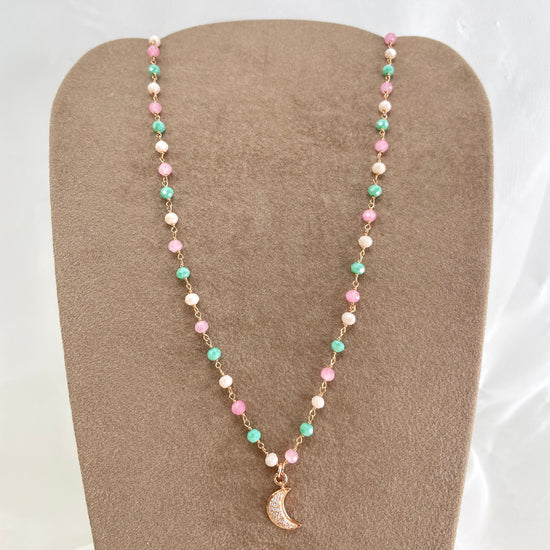 Collana cristalli multicolore con soggetto di zirconi bianchi luna o quadrifoglio o cialdina con quadrifoglio cm 40 - pezzi unici - Lumiere Bijoux