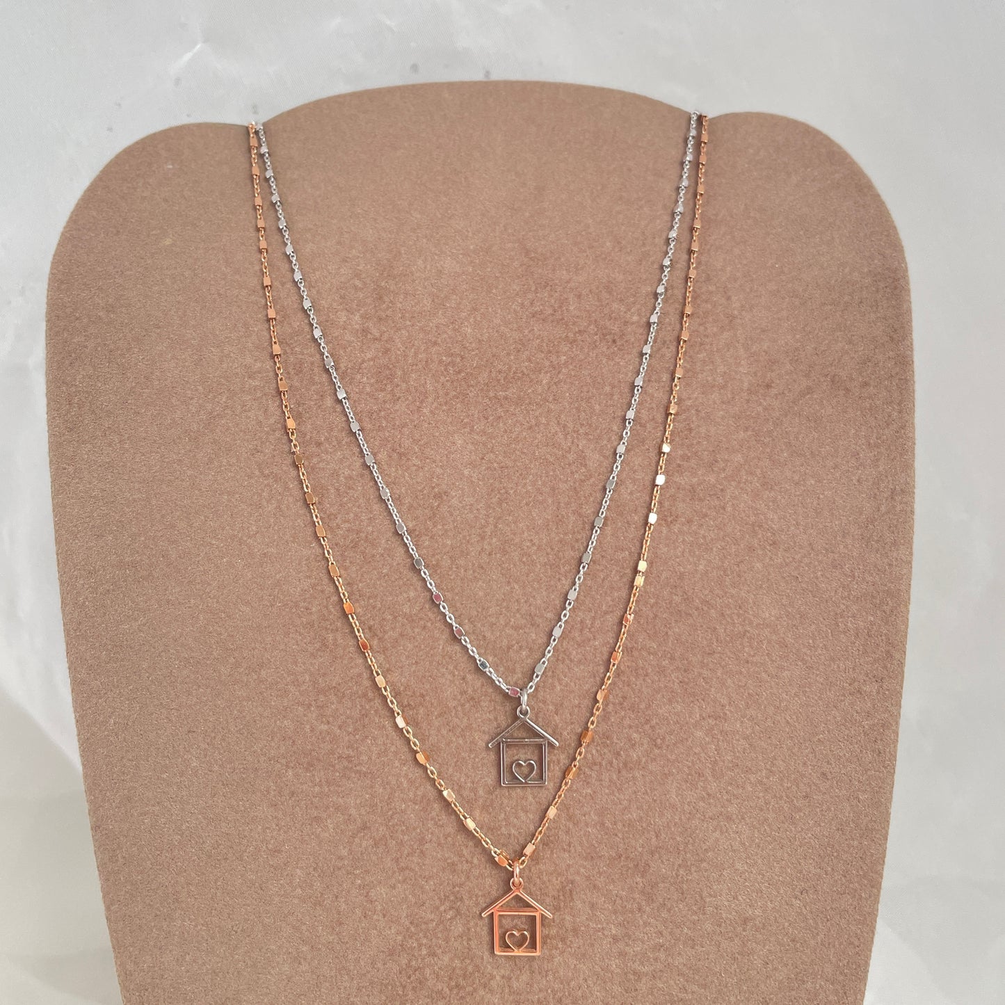 Collana choker catena dadini diamantata rosé cm35 con casetta stilizzata da circa 1 cm pendente - Lumiere Bijoux