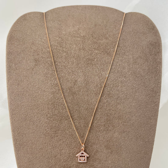 Collana catena grumette rosé cm35 con casetta con cuore di zirconi da 1 cm - Lumiere Bijoux