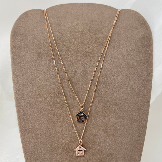 Collana catena grumette rosé cm35 con casetta con cuore di zirconi da 1 cm - Lumiere Bijoux