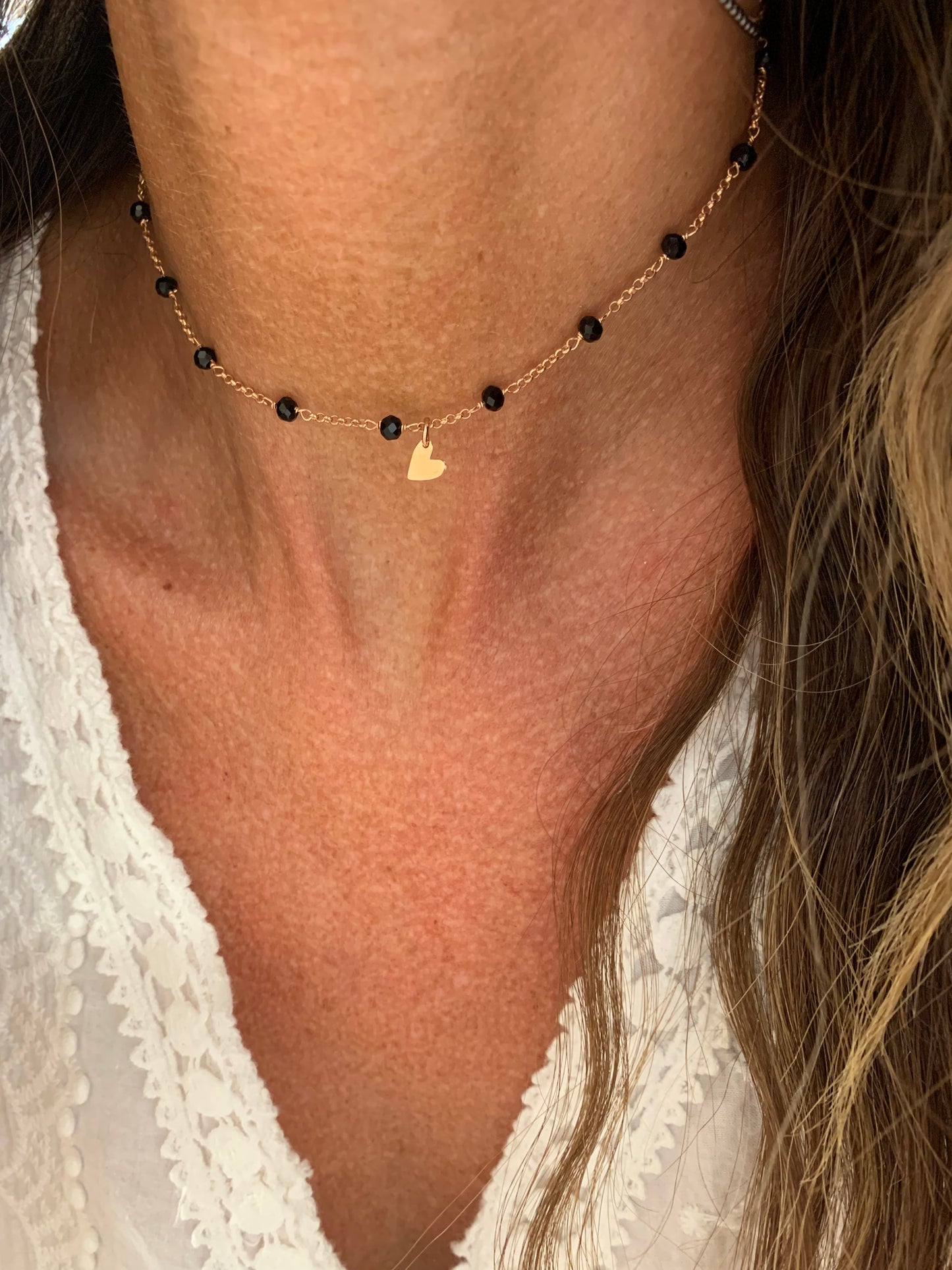 Collana choker catena rollò alternata da cristalli neri cm35 con micro sweet rosé da 0,5 mm - Lumiere Bijoux
