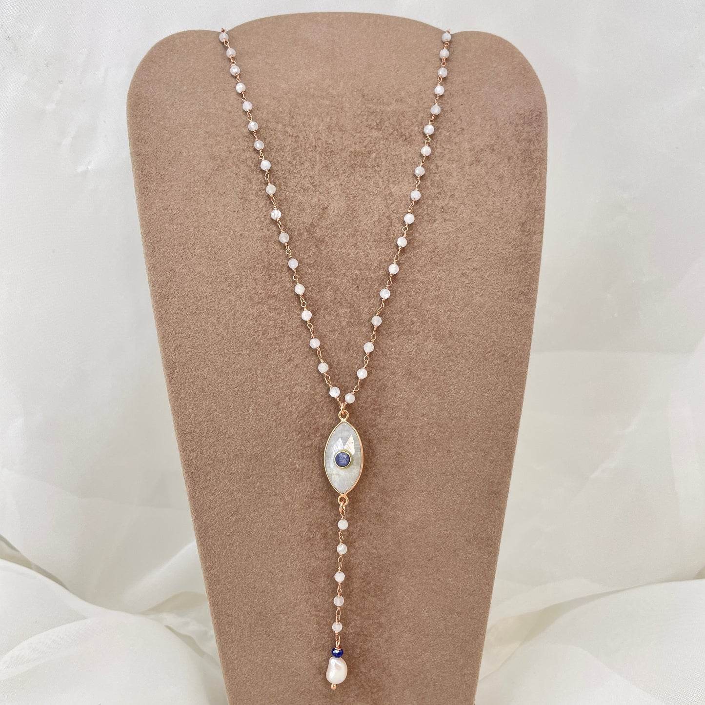 Collana cristalli bianchi cm 45 pietra ad occhio e allungo con perla e cristallo blu - pezzo unico - Lumiere Bijoux