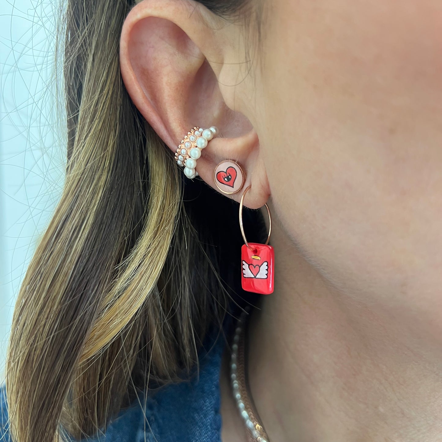 Coppia orecchini scoppiati argento 925 Rosé con ceramica dipinta a mano