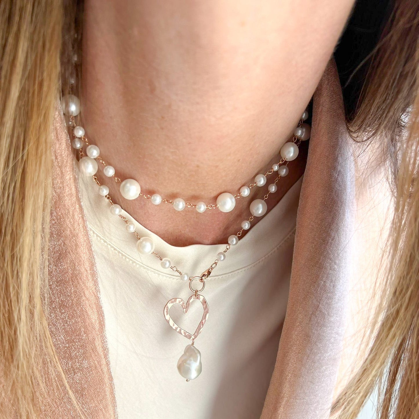 Collana lunga trasformabile 75cm argento 925 rosé perle e cuore NINI vuoto - Lumiere Bijoux