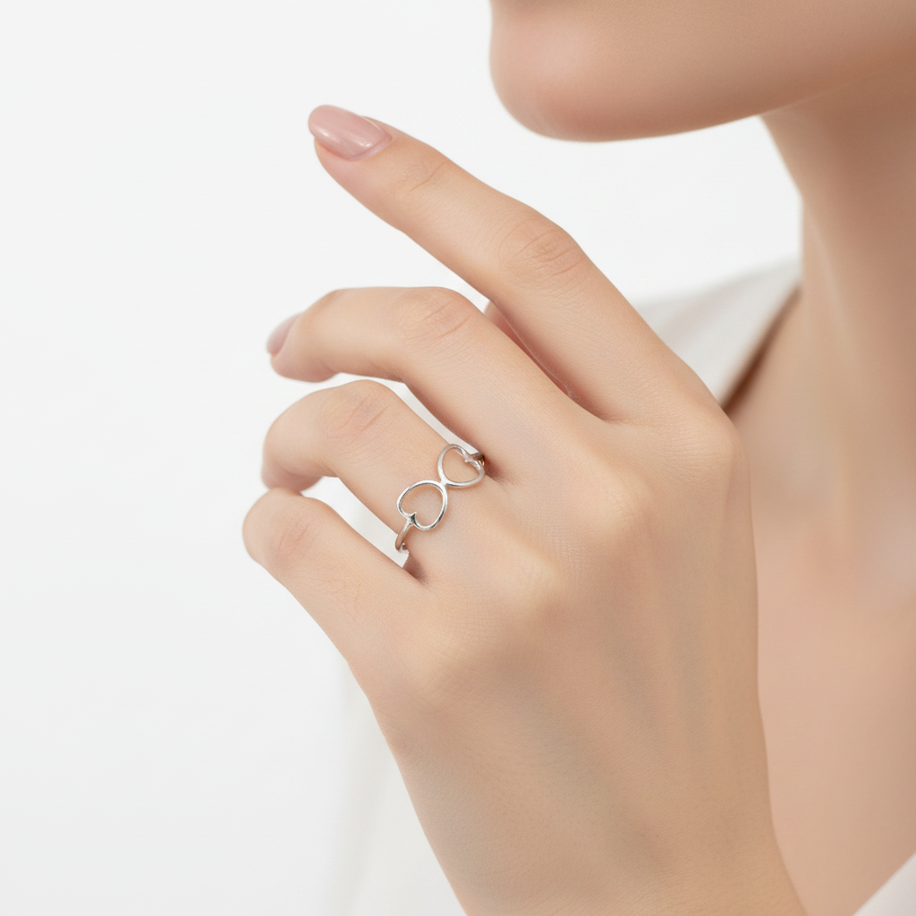 Anello doppio cuore infinito su misura in argento bianco - Lumiere Bijoux