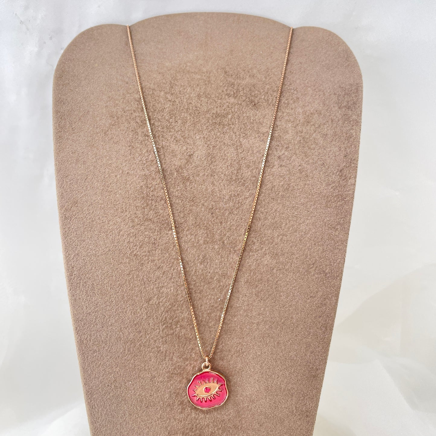 Collana catena rosè cm 50 con cialdina tonda con occhio smaltato - Lumiere Bijoux