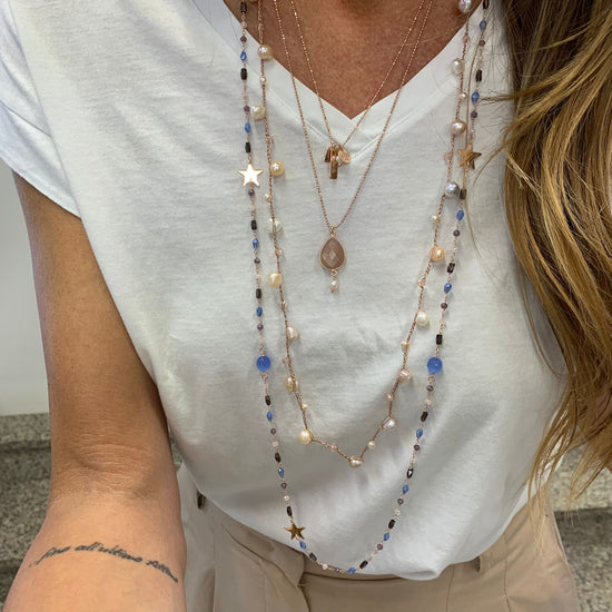 Collana base rosé 1 metro con stelle da 1 cm e cristalli multicolore cipria, bronzo e azzurro polvere - Lumiere Bijoux