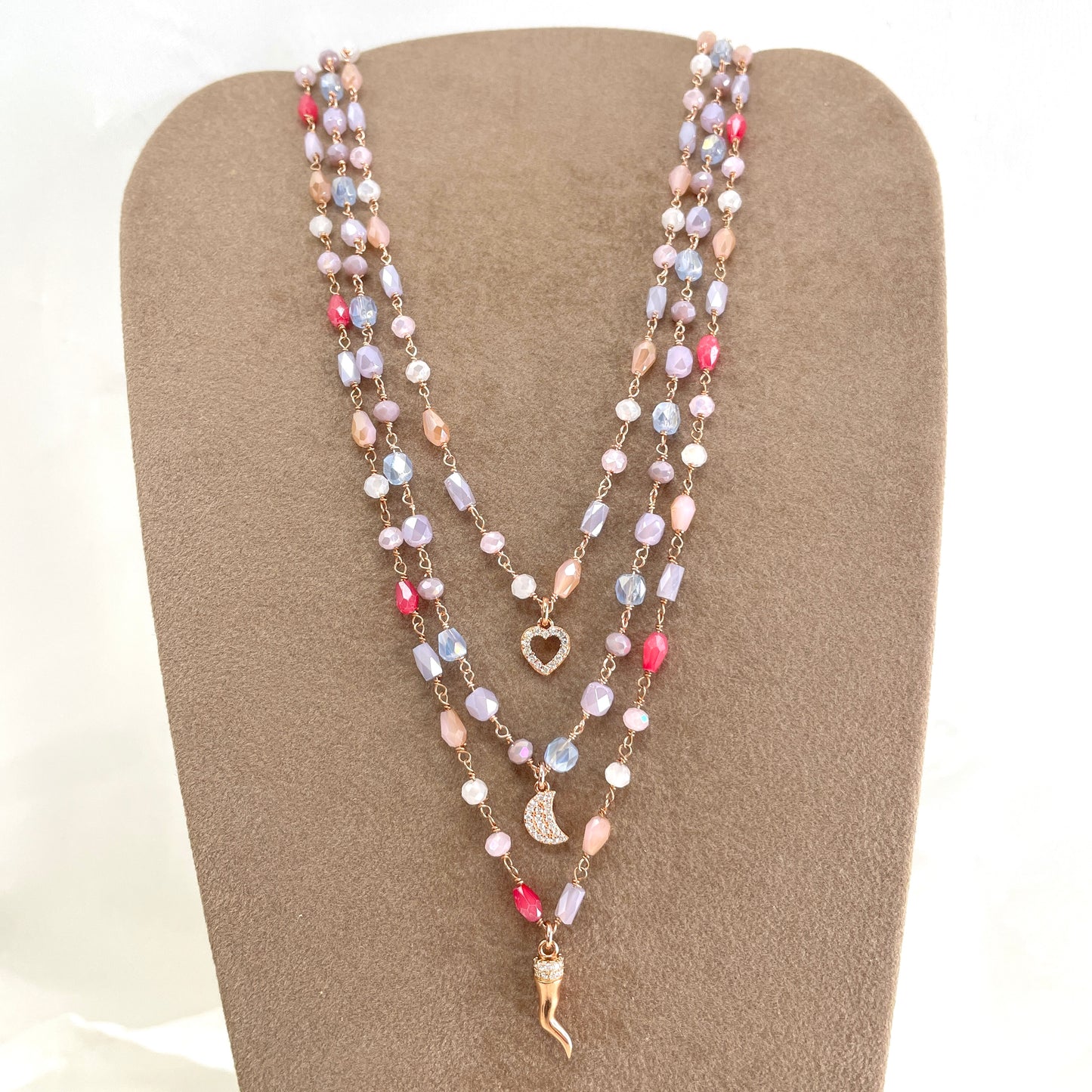 Collana cristalli multicolore con soggetto di zirconi cornetto o cuore vuoto o luna cm 40 - pezzi unici - Lumiere Bijoux