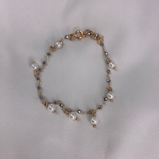Bracciale micro cristalli argento con perle bianche pendenti cm 17 più 2 di allungamento rosè