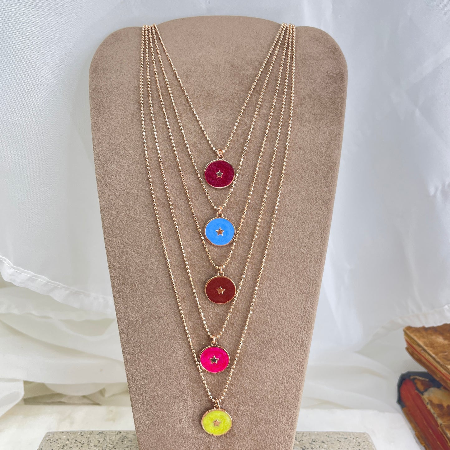 Collana militare diamantata con cialdina con stella pendente smaltata madreperla cm 50 - Lumiere Bijoux