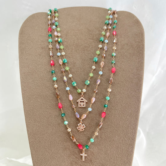 Collana cristalli multicolore con soggetto di zirconi bianchi quadrifoglio o croce o casetta cm 40 - pezzi unici - Lumiere Bijoux