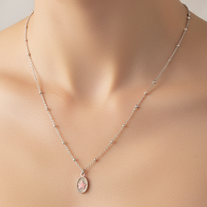 Collana catena rosario cm 40 con cialdina ovale con stella in argento bianco - pezzo unico - Lumiere Bijoux