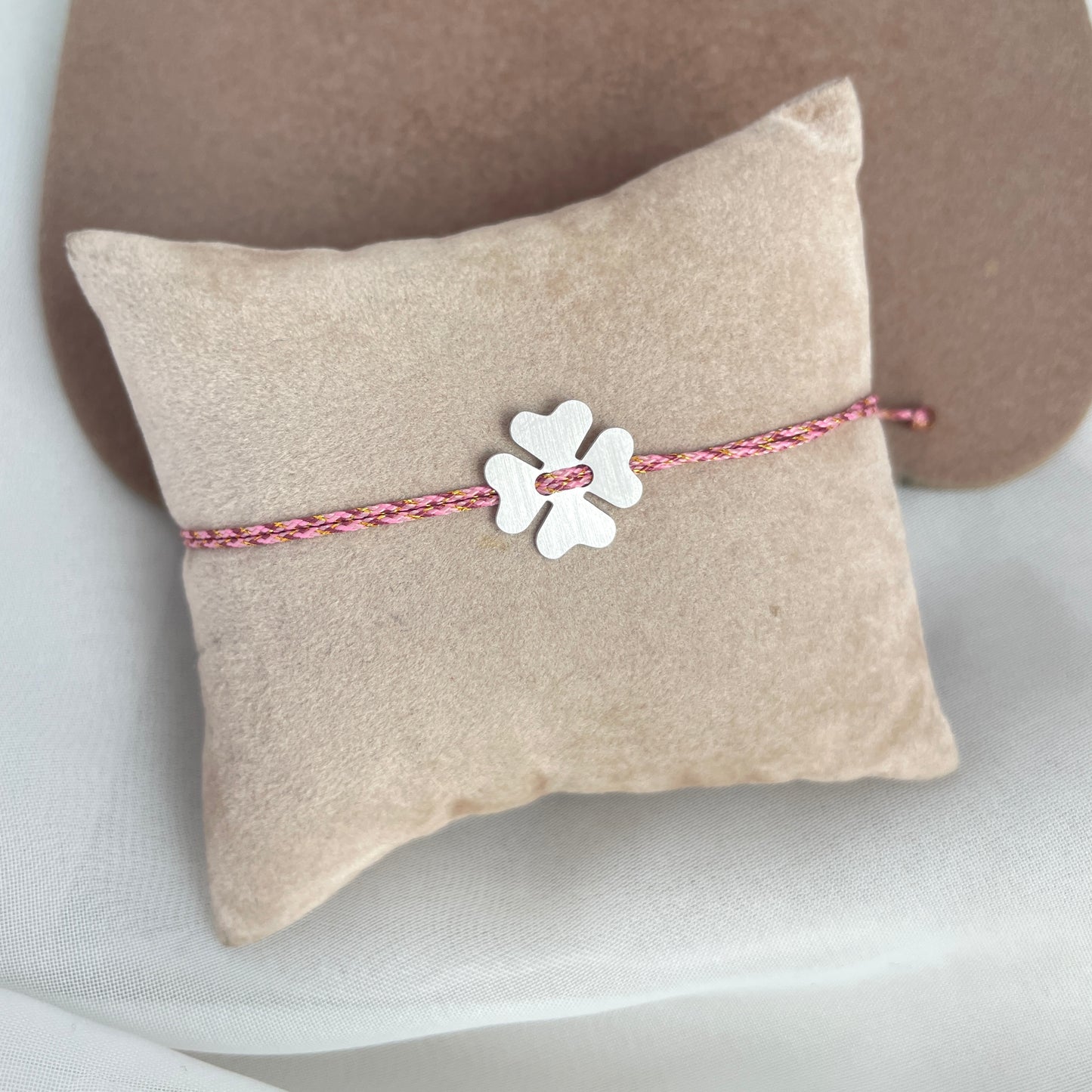 Bracciale cordino regolabile colorato con quadrifoglio satinato da 1.2 cm rosè o argento bianco - Lumiere Bijoux