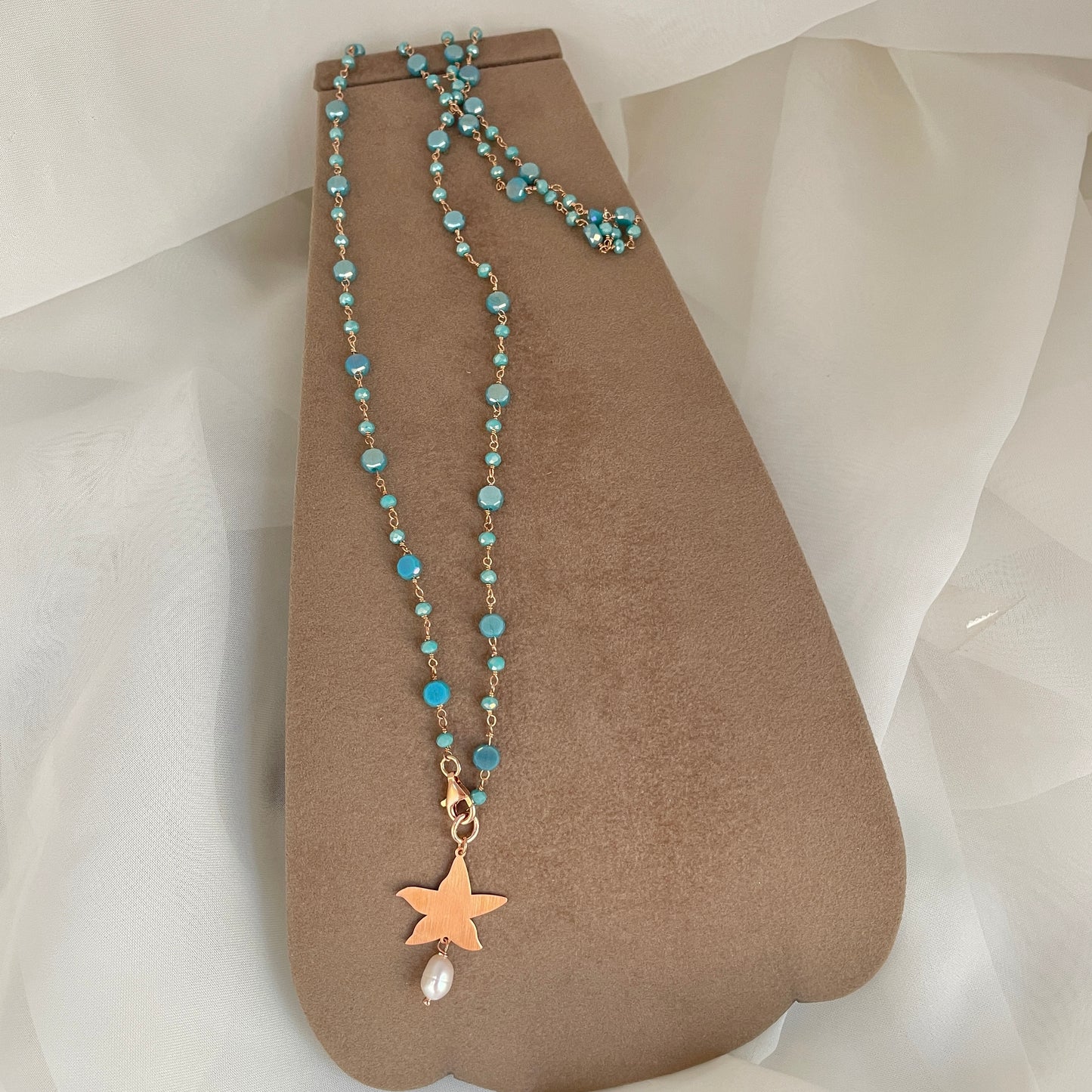 Collana lunga trasformabile cm 75 argento rosè cristalli ottanio stella marina satinata e perla ovale irregolare bianca naturale - Lumiere Bijoux