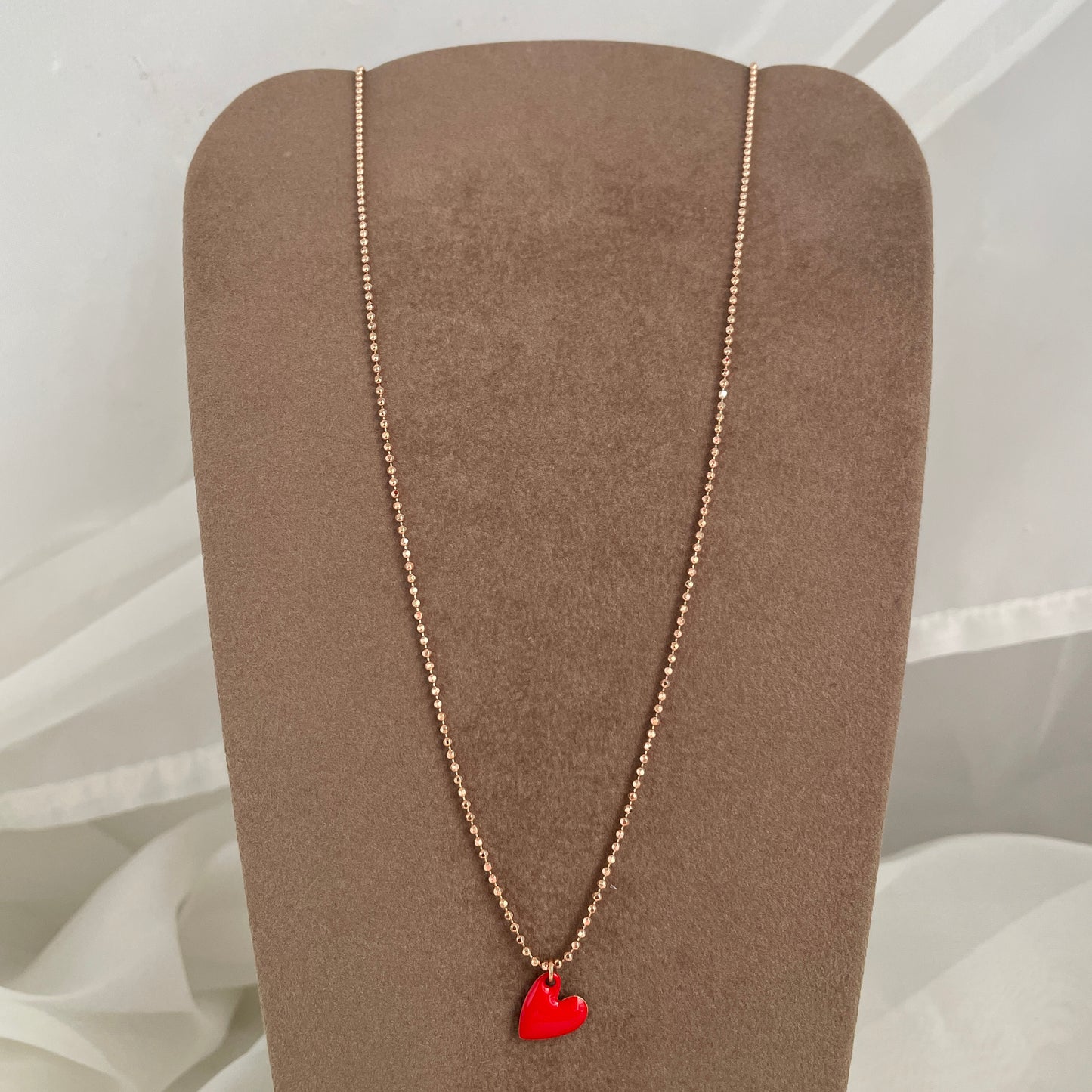 Collana catena militare diamantata cm 45 con cuore smaltato rosso da 1 cm - Lumiere Bijoux