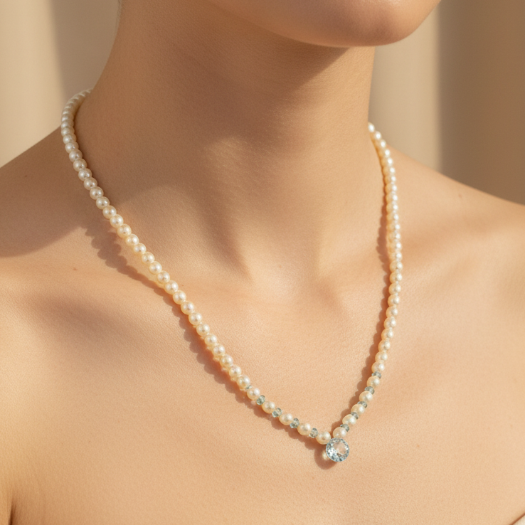 Collana principessa con risino o perle tonde cristalli rubino o azzurro ghiaccio cm 38 - Lumiere Bijoux