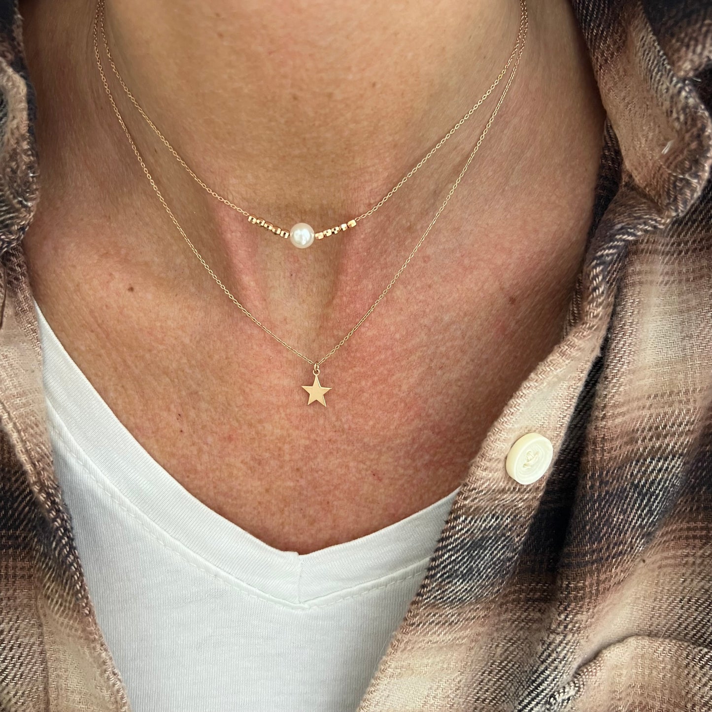 Unica collana a due fili con perla pepite diamantate e stella pendente in argento rosé - Lumiere Bijoux