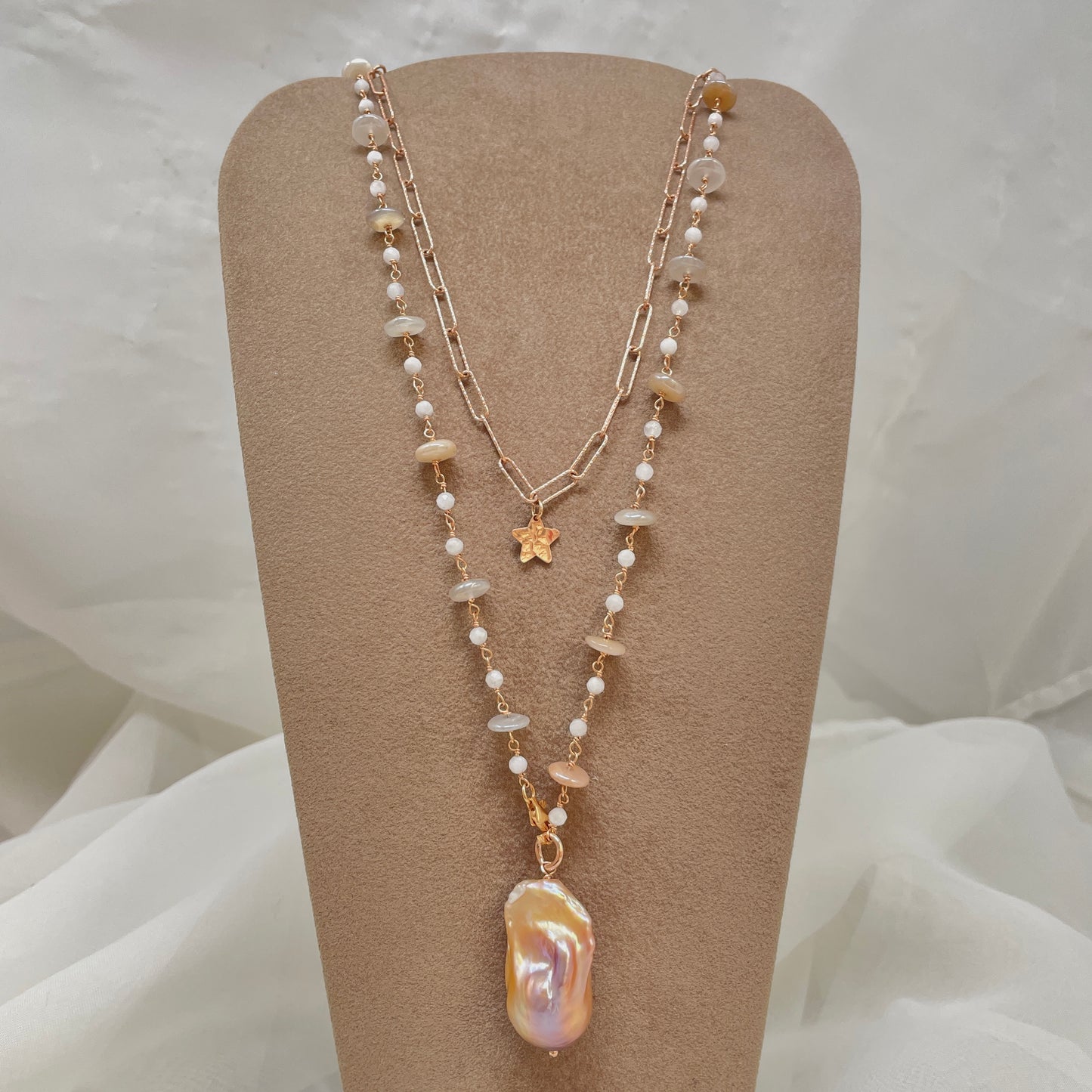 Collana lunga trasformabile pietra di luna perla barocca e catena sushi diamantata — Argento 925 rosé - Lumiere Bijoux