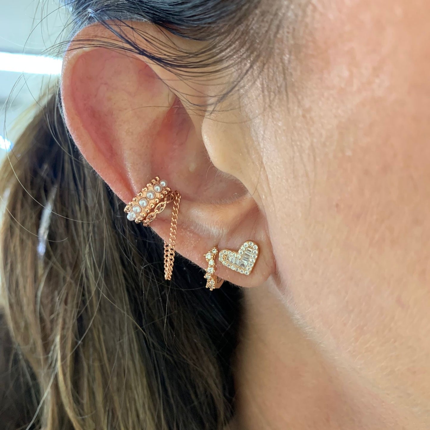 Coppia orecchini lobo cuore zirconi bianchi e punti luce rettangolari da 1 cm - Lumiere Bijoux