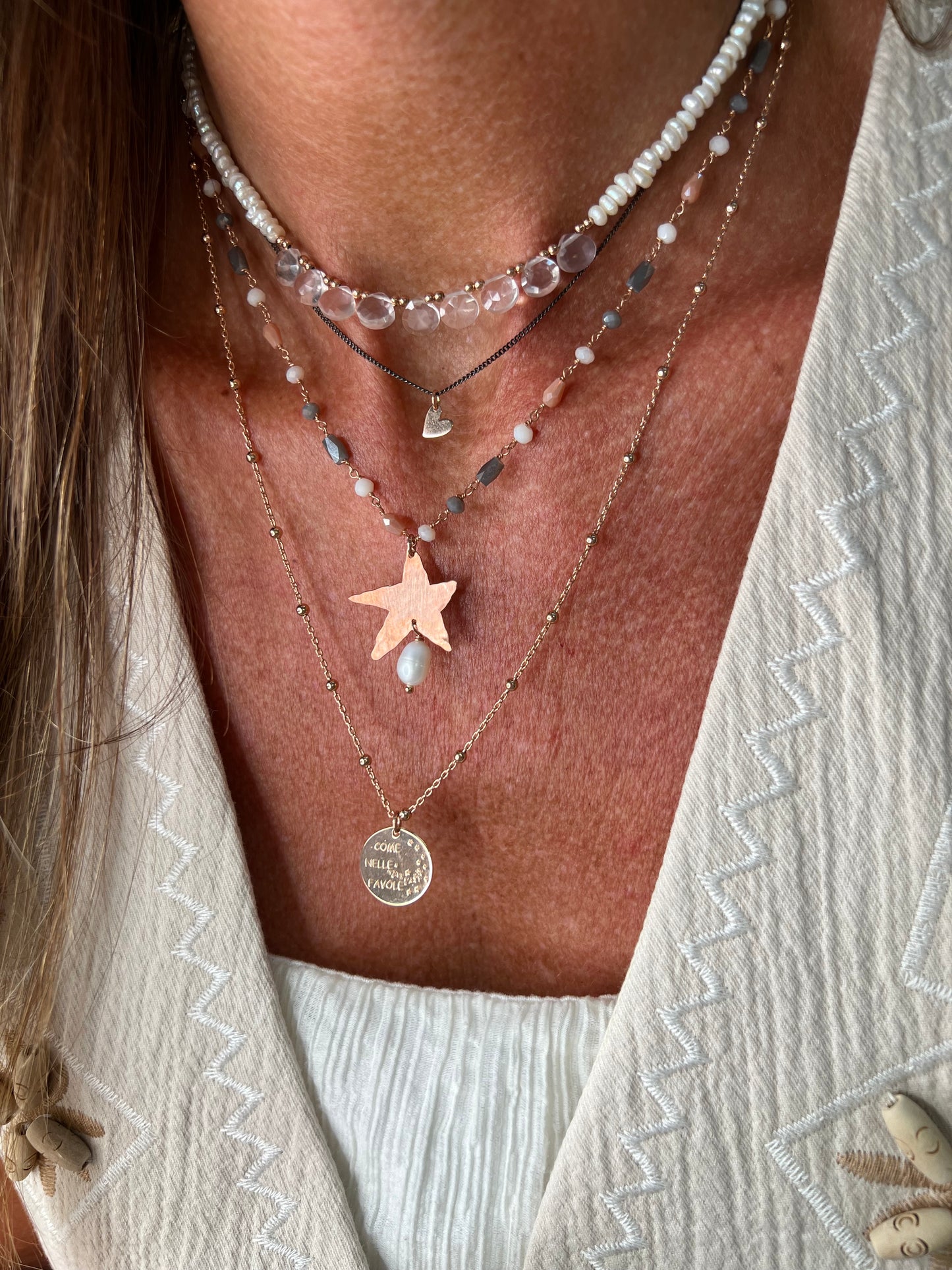 Collana catena risario rosé cm 50 con targhetta tonda da 1,5 cm COME NELLE FAVOLE - Lumiere Bijoux