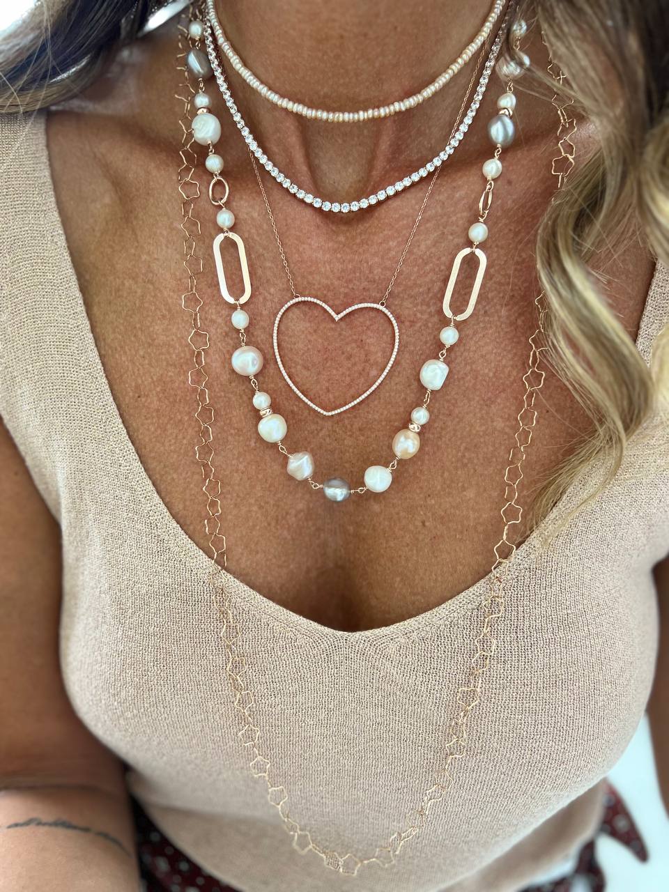 Collana Michela cm 40 perle sassetto rosa bianche lilla e grigio alternate ed elementi ovali piatti in argento rosé - Lumiere Bijoux