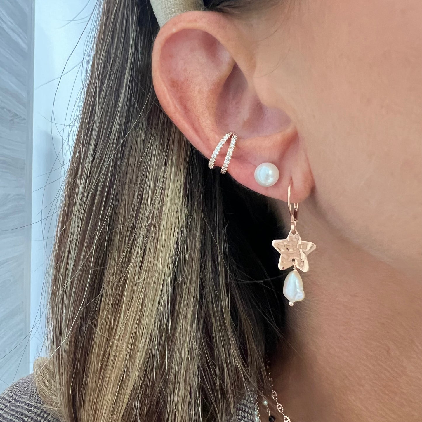 Coppia orecchini stella e cuore bacio battuto da 1,5 cm circa rosè e perla barocca rosa - Lumiere Bijoux