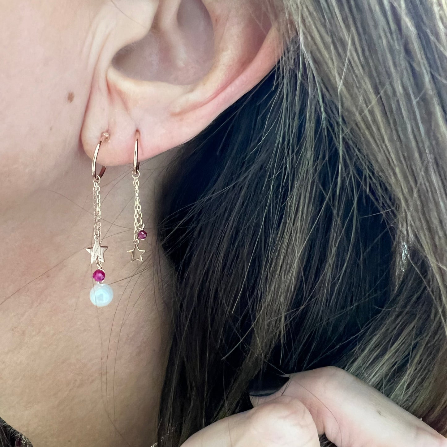 Coppia orecchini semicerchio da 1 cm con catenelle finale stella e perla - ORO 9k - Lumiere Bijoux