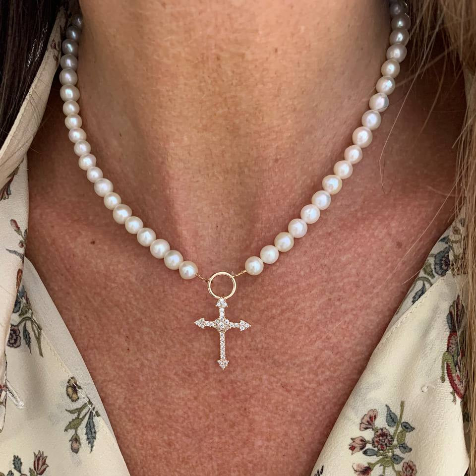 Collana di perle tonde bianche cm 40 con croce zirconi pendente in argento 925 bagno rosé - Lumiere Bijoux