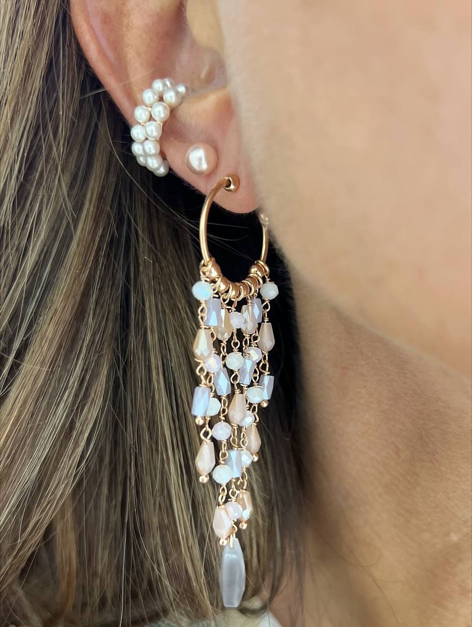 Coppia orecchini cerchio con cascata di cristalli cipriati base argento rosé - Lumiere Bijoux