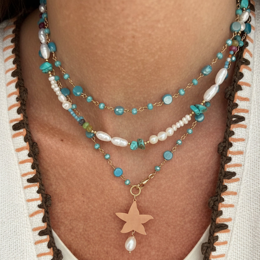 Collana lunga trasformabile cm 75 argento rosè cristalli ottanio stella marina satinata e perla ovale irregolare bianca naturale - Lumiere Bijoux
