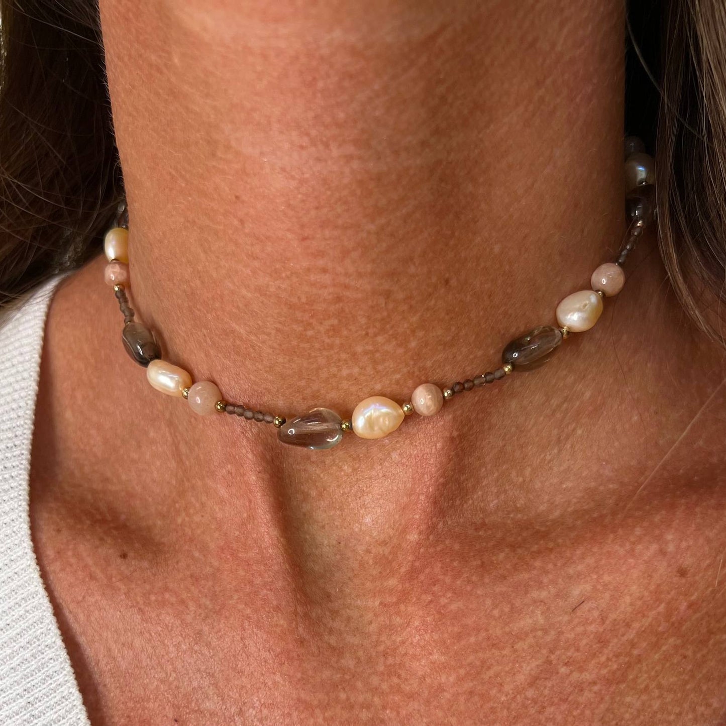 Collana perle rosa pietra i luna cristalli fumé pepite rosé - PU126 - Lumiere Bijoux