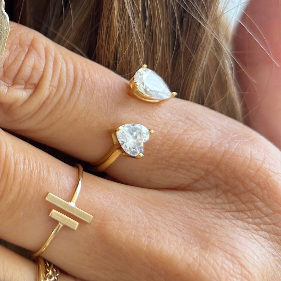 Anello contrarié regolabile con punto luce goccia e cuore in argento galvanica oro giallo - Lumiere Bijoux