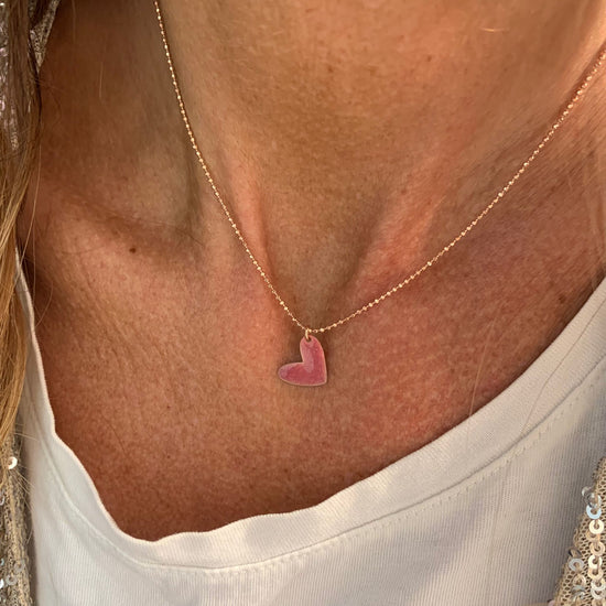 Collana catena militare diamantata rosè cm40 più 2 di allungamento con cuore bacio smalto rosa antico glitterato