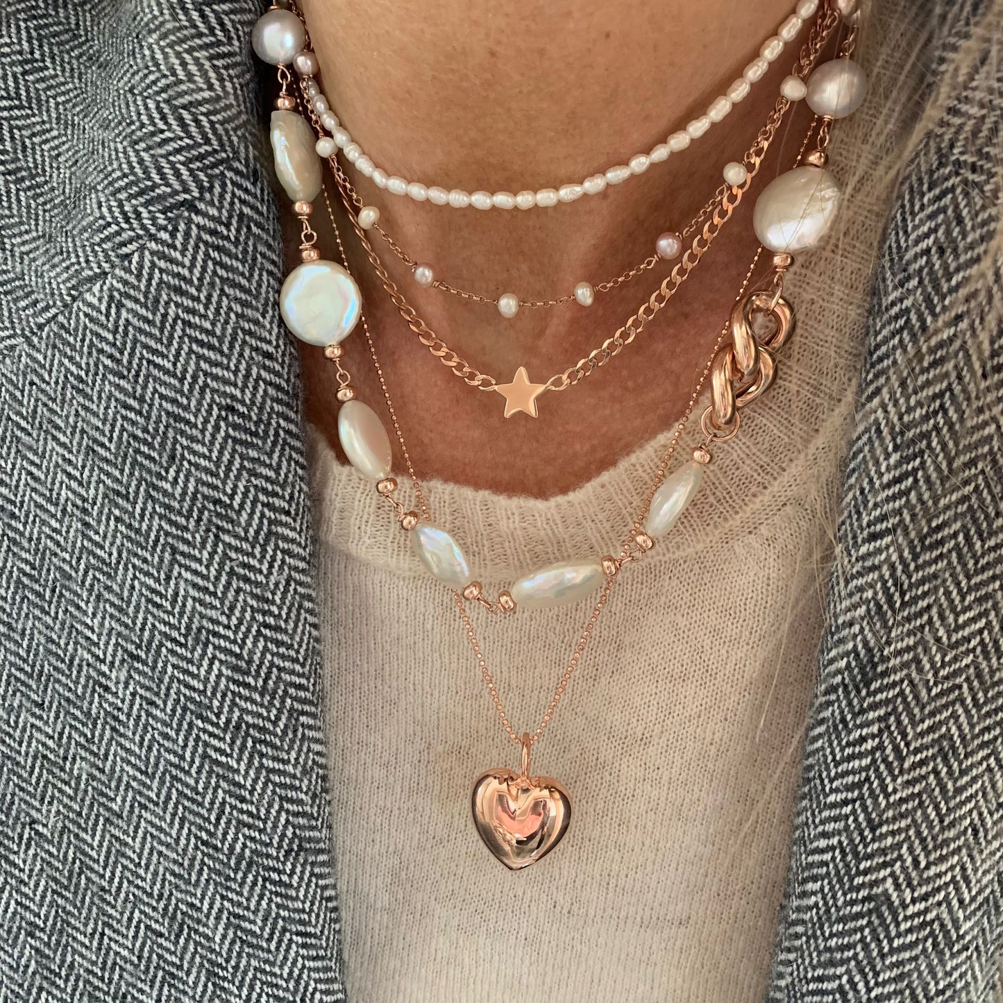 Collana perle moneta con catena grumette cm 40