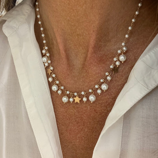 Collana di perle con stelle da 0,8 mm e perle tonde pendenti cm 40