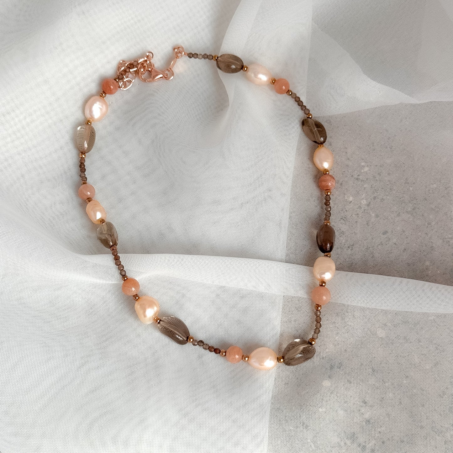 Collana perle rosa pietra i luna cristalli fumé pepite rosé - PU126 - Lumiere Bijoux