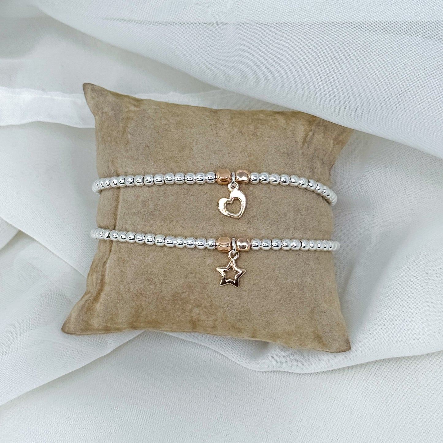 Bracciale sfere argento 925 con stella o cuore pendente rosé - Lumiere Bijoux