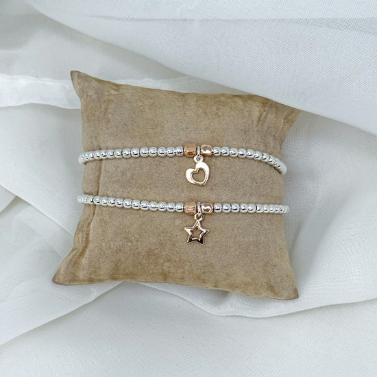 Bracciale sfere argento 925 con stella o cuore pendente rosé - Lumiere Bijoux