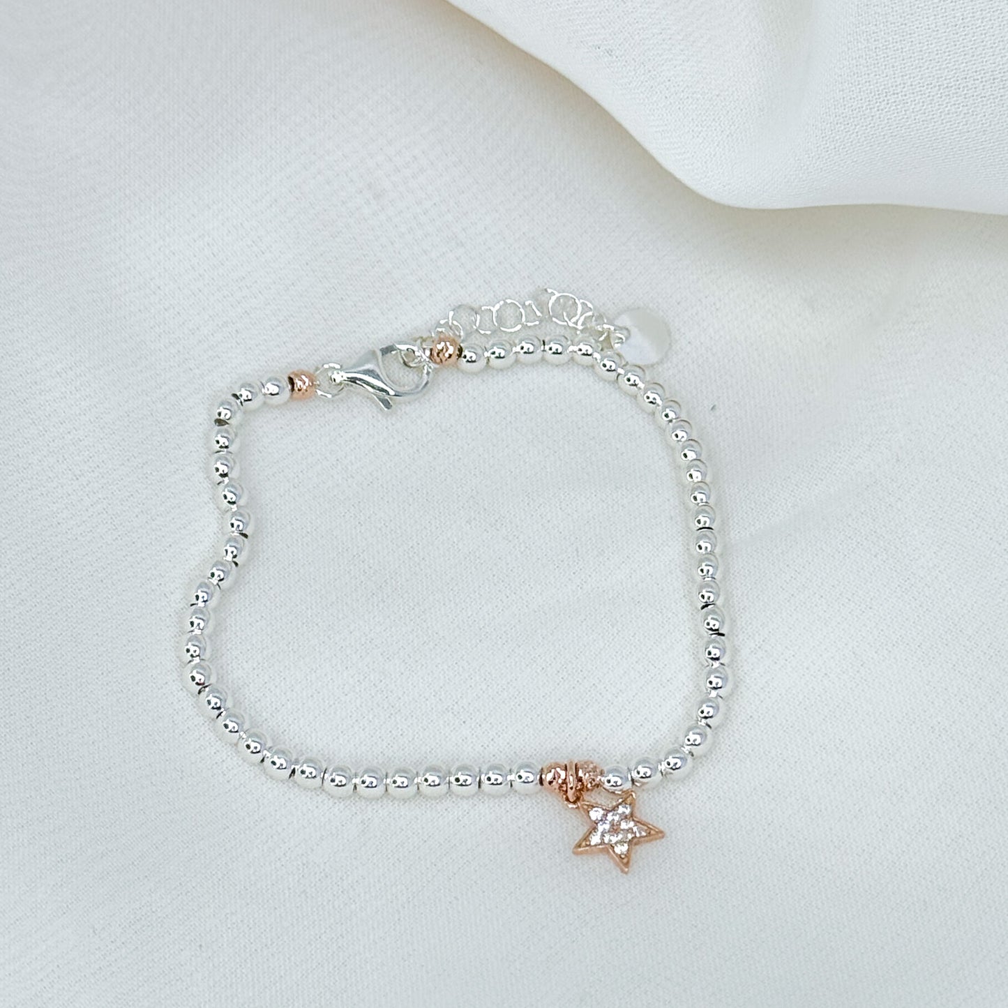 Bracciale sfere argento 925 con cuore - stella o quadrifoglio O cuore con zirconi pendente base rosé - Lumiere Bijoux