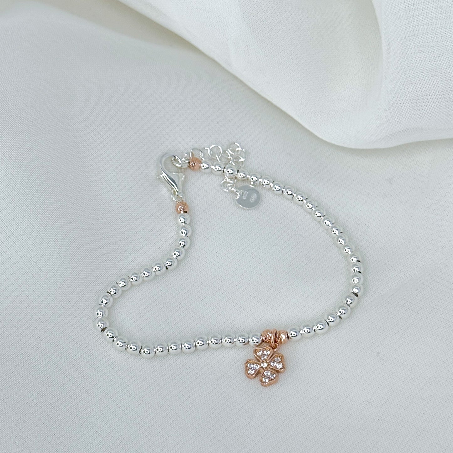 Bracciale sfere argento 925 con cuore - stella o quadrifoglio O cuore con zirconi pendente base rosé - Lumiere Bijoux