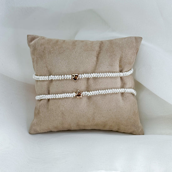 Bracciale sfere schiacciate argento 925 con stella o cuore rosé in linea - Lumiere Bijoux