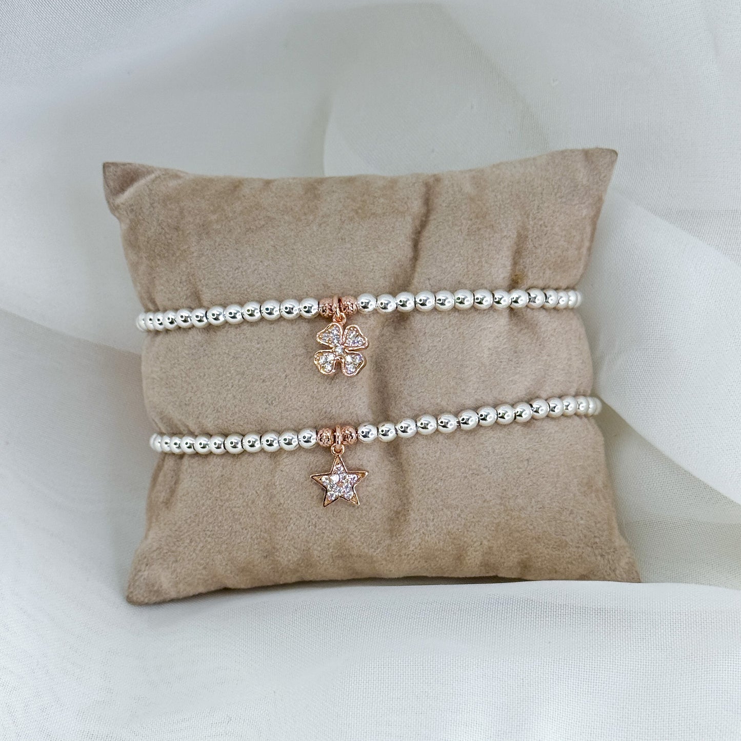 Bracciale sfere argento 925 con cuore - stella o quadrifoglio con zirconi pendente base rosé - Lumiere Bijoux