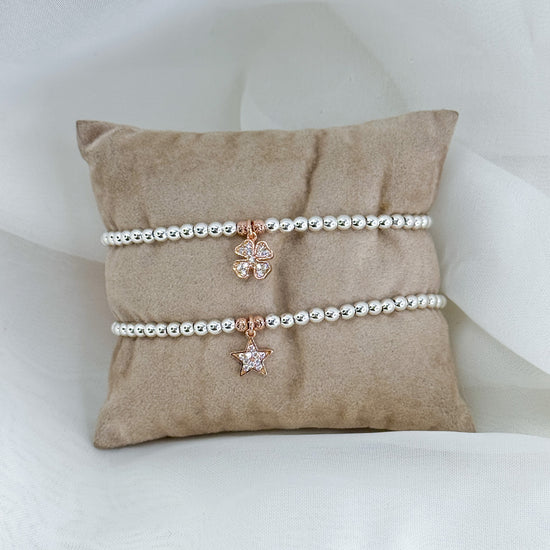 Bracciale sfere argento 925 con cuore - stella o quadrifoglio con zirconi pendente base rosé - Lumiere Bijoux