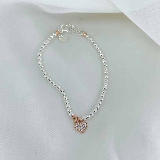 Bracciale sfere argento 925 con cuore - stella o quadrifoglio con zirconi pendente base rosé - Lumiere Bijoux