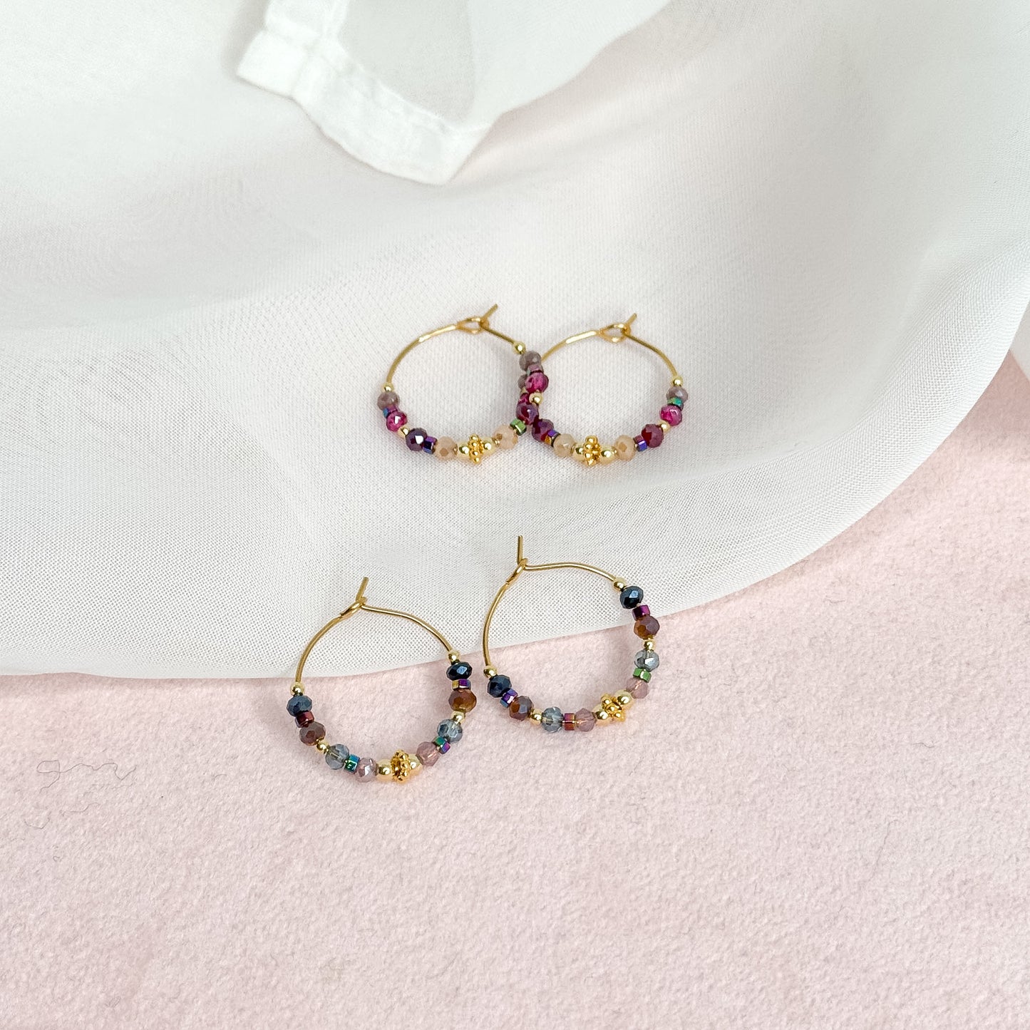 Orecchini cerchio con cristalli e pepite argento dorato - Lumiere Bijoux