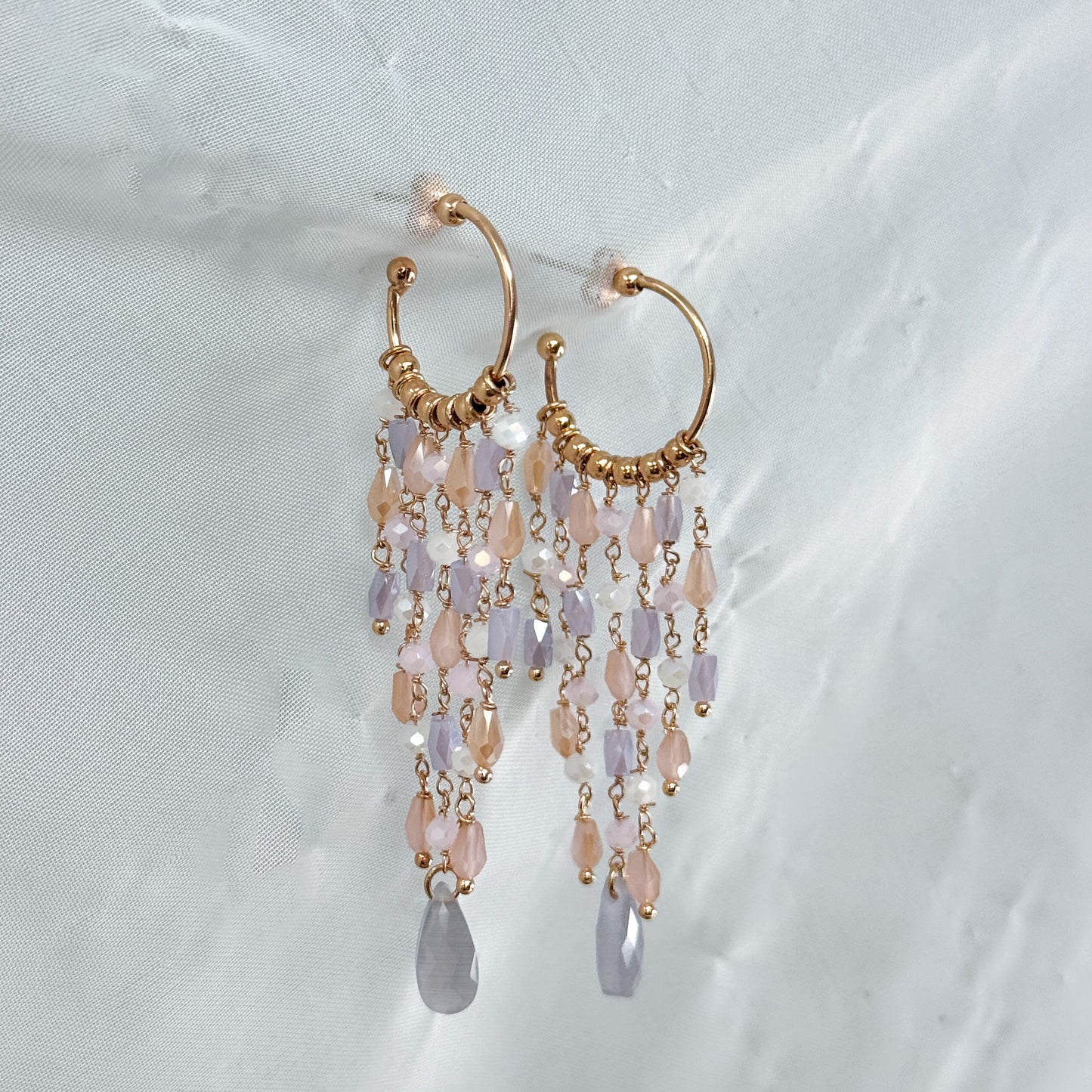 Coppia orecchini cerchio con cascata di cristalli cipriati base argento rosé - Lumiere Bijoux