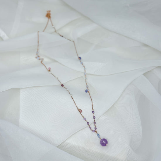 Collana lunga cm 70 con pietra tonda lilla pendente catena rosario - Pezzo unico - Lumiere Bijoux